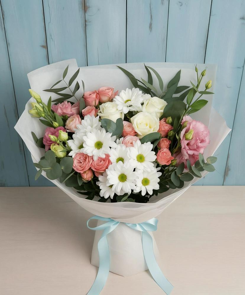 Букет цветов из: Розы, Лизиантусы и Хризантемы в Ачи-су