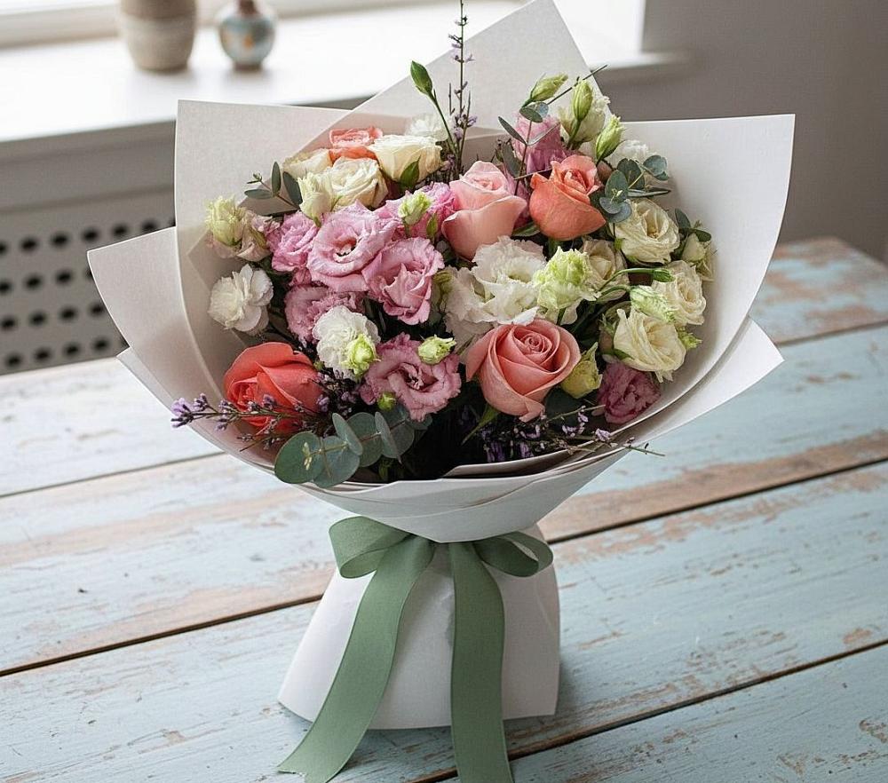 Букет цветов из: Розы, Лизиантусы и Гвоздики в Ачи-су