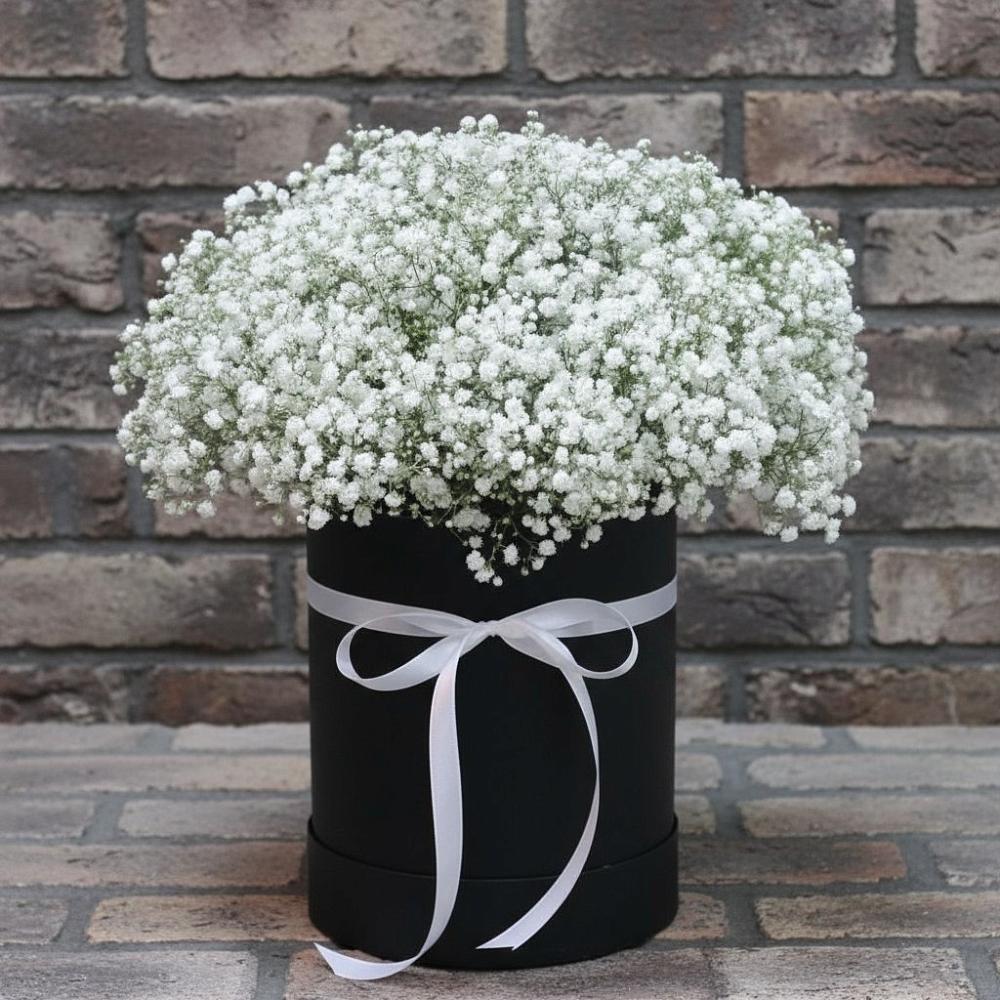 Цветочная композиция из Гипсофила в шляпной коробке в Ачи-су