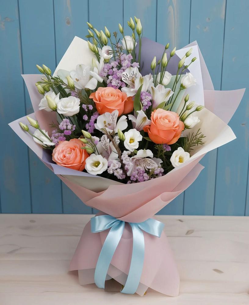 Букет цветов из: Лизиантусы, Розы, Альстромерии и Гипсофила в Ачи-су