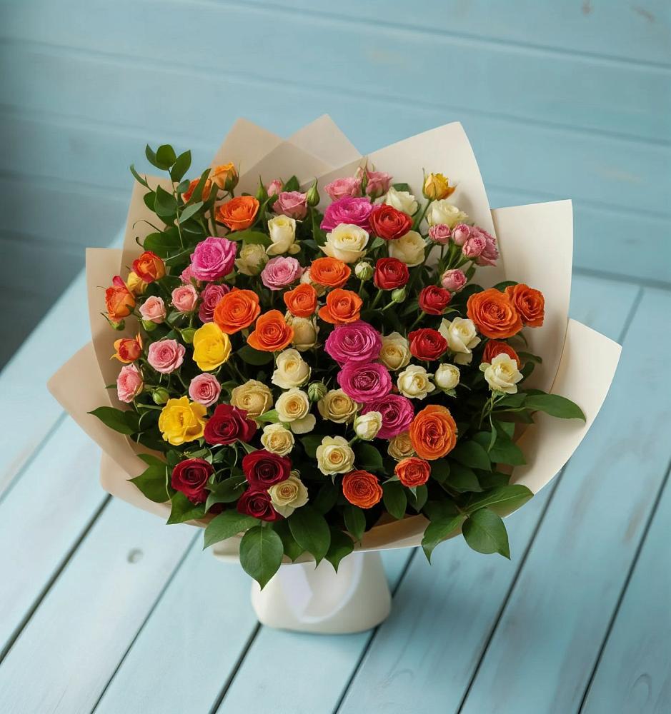 Букет Микс из разноцветных кустовых роз в Ачи-су