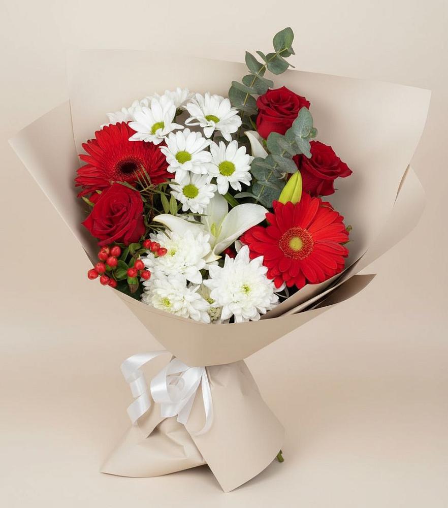 Букет цветов из: Розы, Хризантемы, Герберы и Лилии в Ачи-су