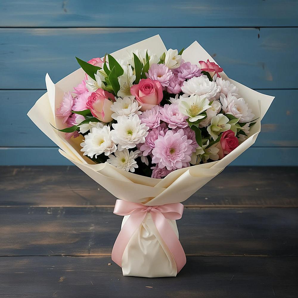 Букет цветов из: Хризантемы, Альстромерии и Розы в Ачи-су